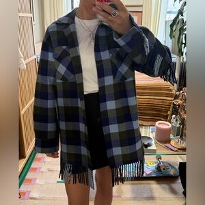 Authentic Sandro Blue and Black Plaid Fringe Jacket(wool), Size - Small